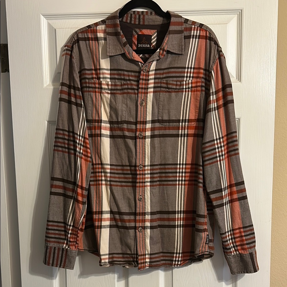 Prana Flannel Brown Earth Tone Fall Colors  Plaid Shirt